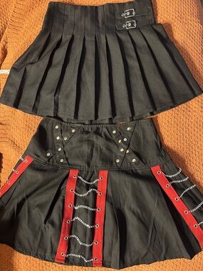 Black Pleated Mini Skirt with Red Chain Trim - Women's Gothic Style